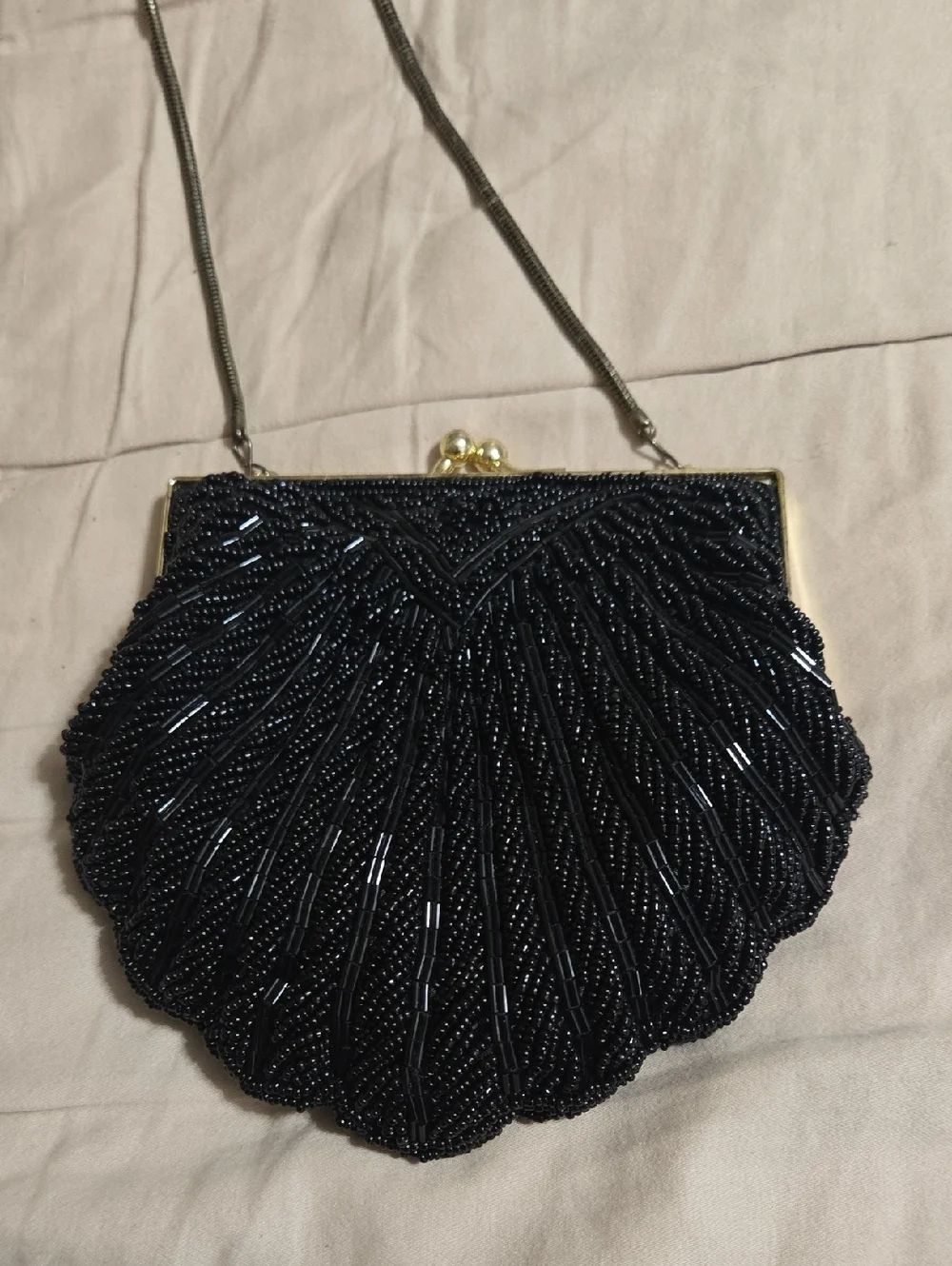Black Beaded Shell Evening Bag - Women's Shoulder Clutch